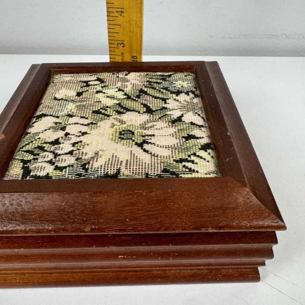 Vtg Wooden Jewelry Floral Needlepoint Rose Velvet Lining Trinket grandmillenial